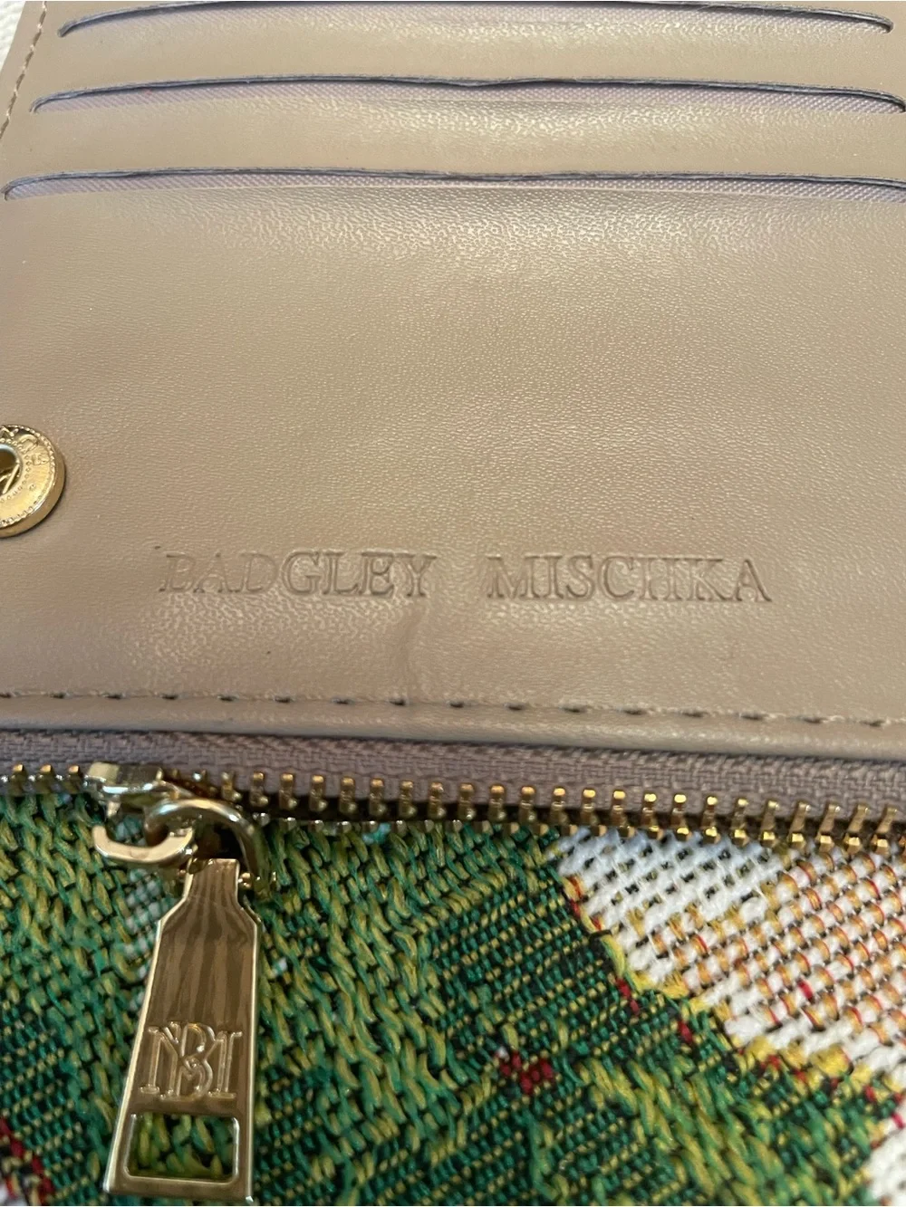 Badgley Mischka Taupe Wallet / Metallic Gray Wristlet / Gift bag Set / 5 items